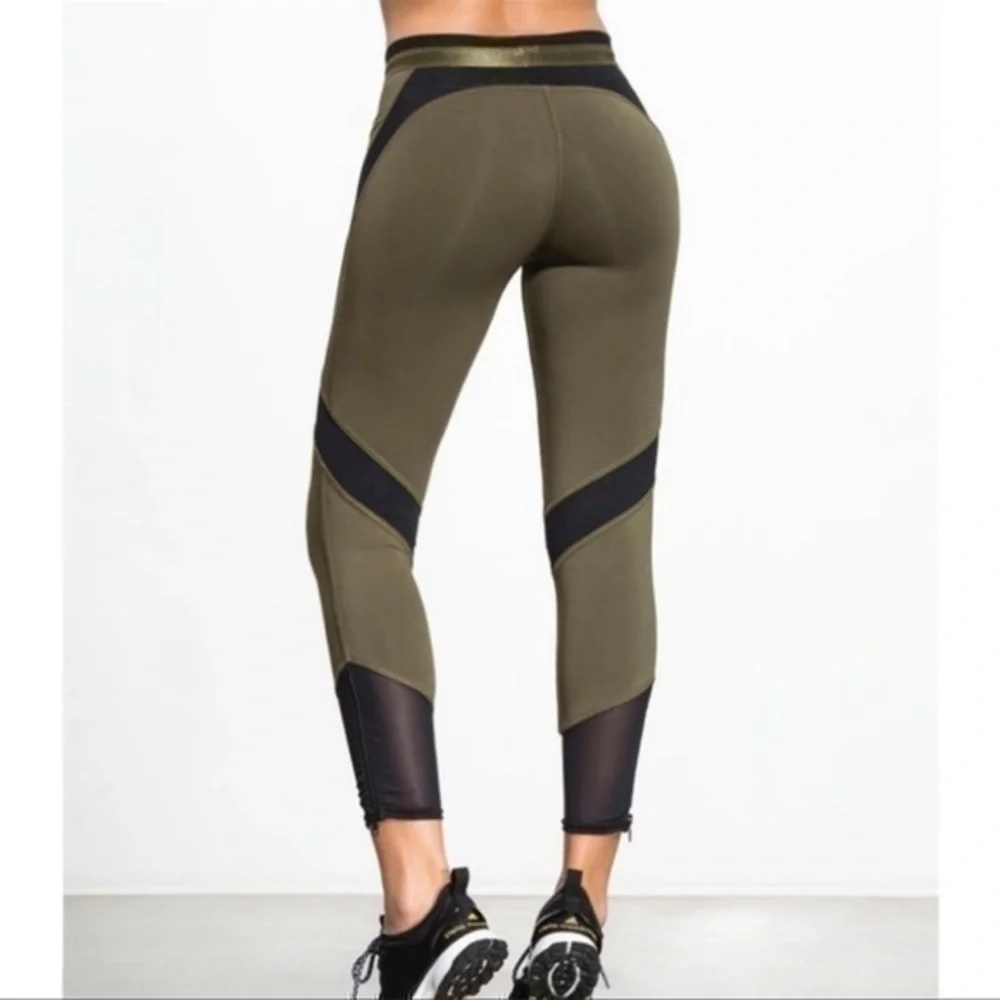 Free People • Movement Mesh Panel Zipper Ankle Army Green Leggings S